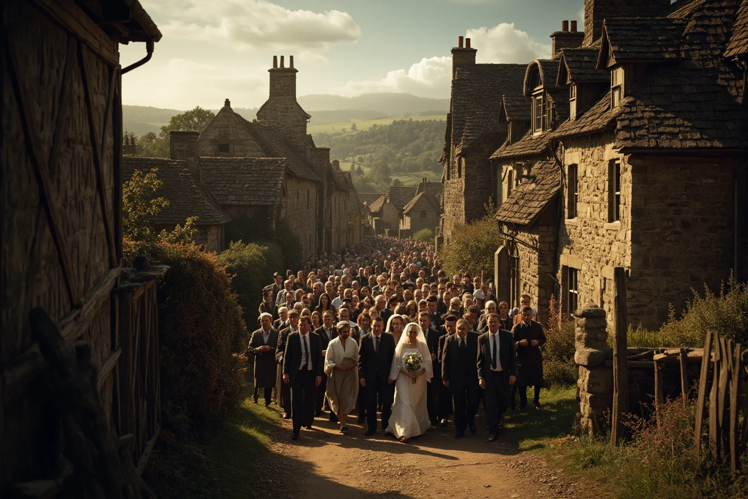 The Real Braveheart: The Story of How Robert the Bruce Freed Scotland 15 An old medieval village with a solemn wedding procession, evoking a debunked historical legend