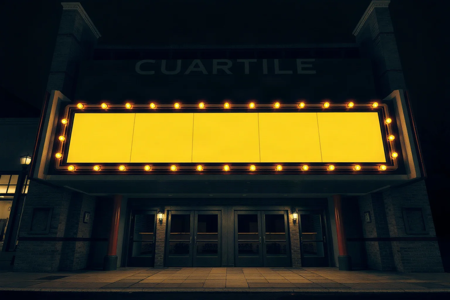 An old movie theater marquee glowing at night with blank title space, retro cinema illustration