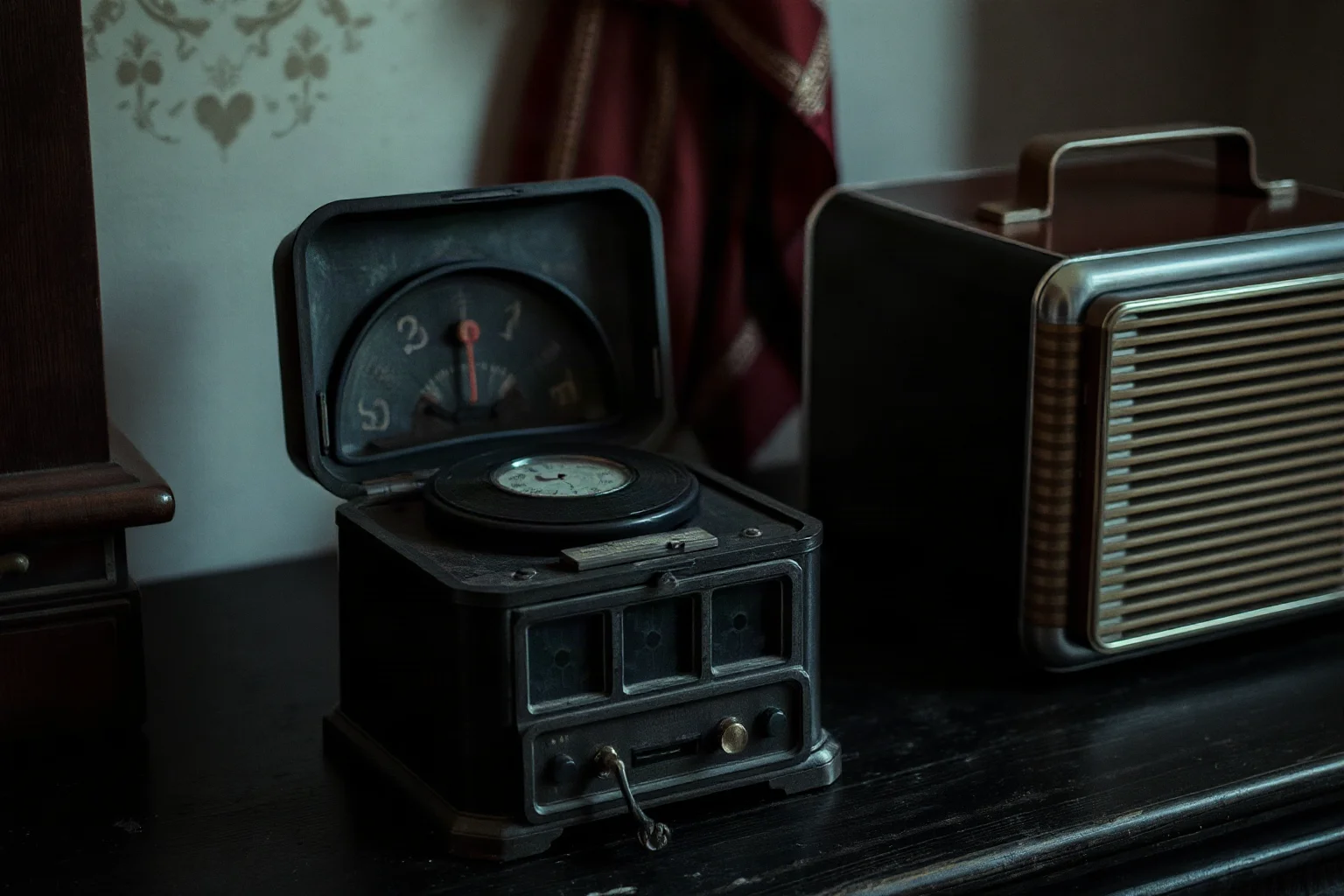 An old music box on a wooden table beside a vintage radio, faint eerie atmosphere