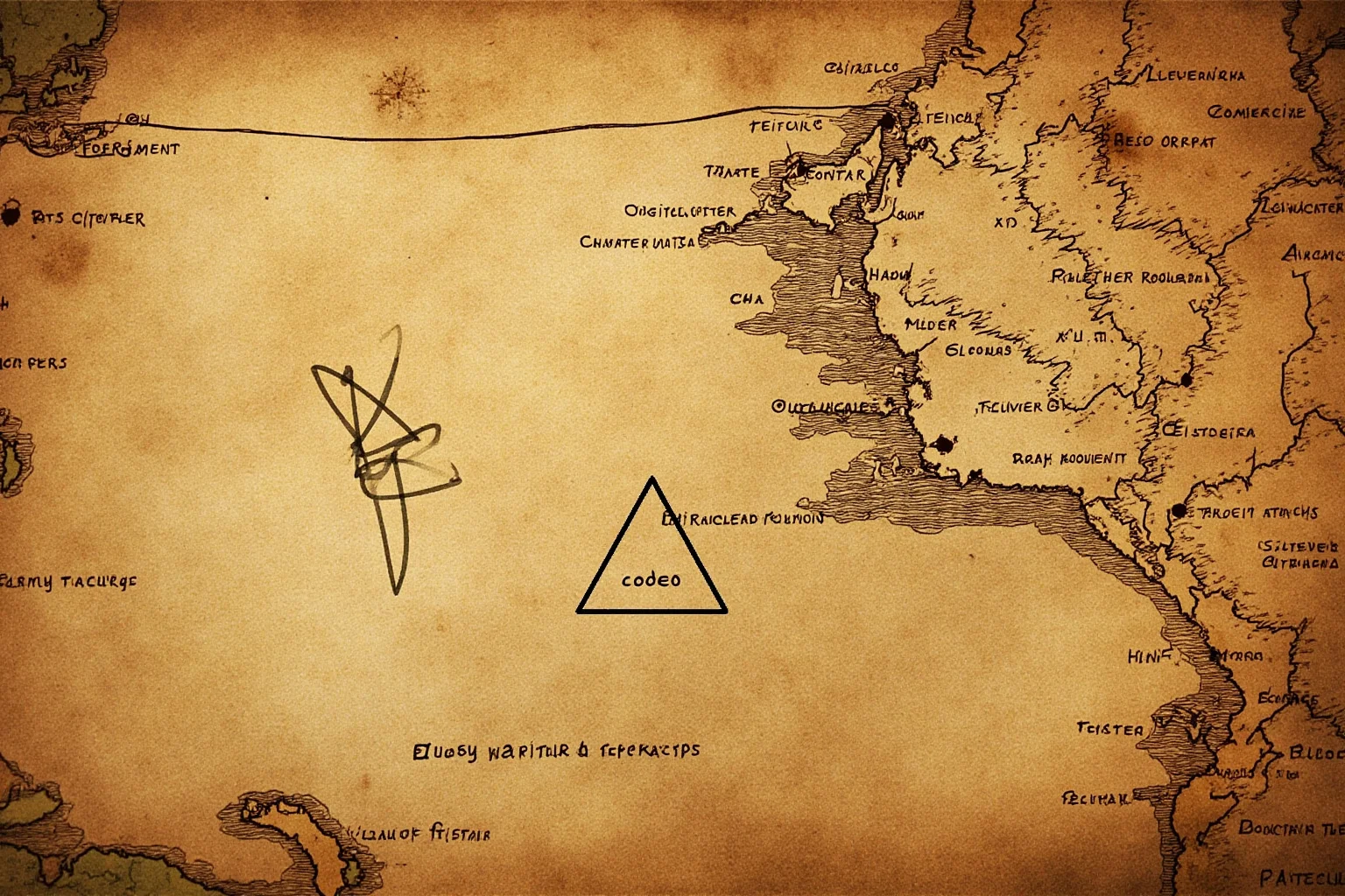 An old nautical map with a strange coded pyramid-shaped signature symbol drawn in the corner, weathered parchment texture