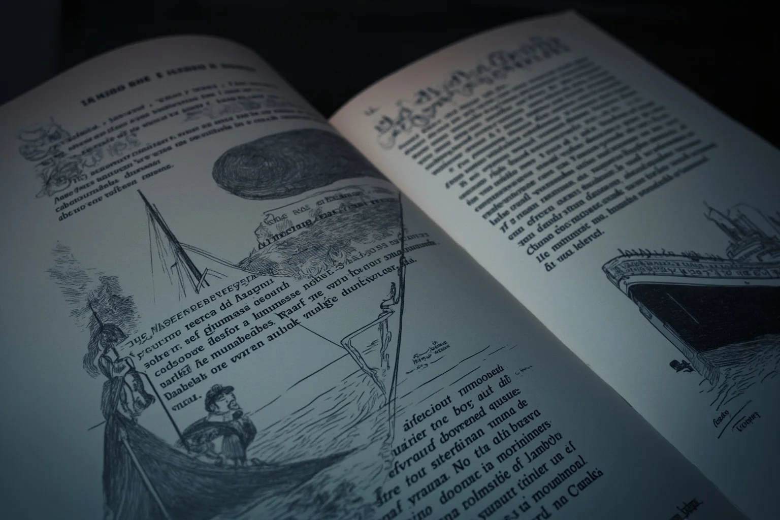 An old ocean liner illustration beside an open antique novel with pages showing a sinking ship sketch, moody blue tones, editorial illustration style