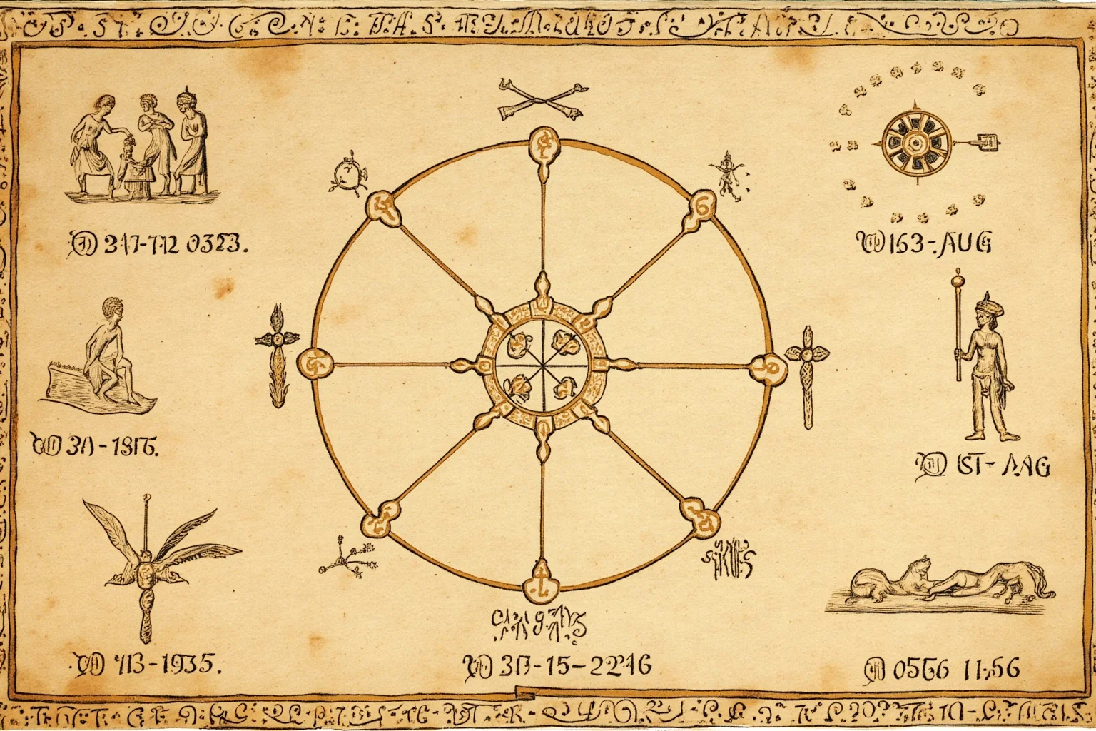 26 Facts About Nostradamus and His Predictions 3 An old parchment calendar page with hand-drawn astrological symbols and the years 1503-1566 marked, Renaissance aesthetic