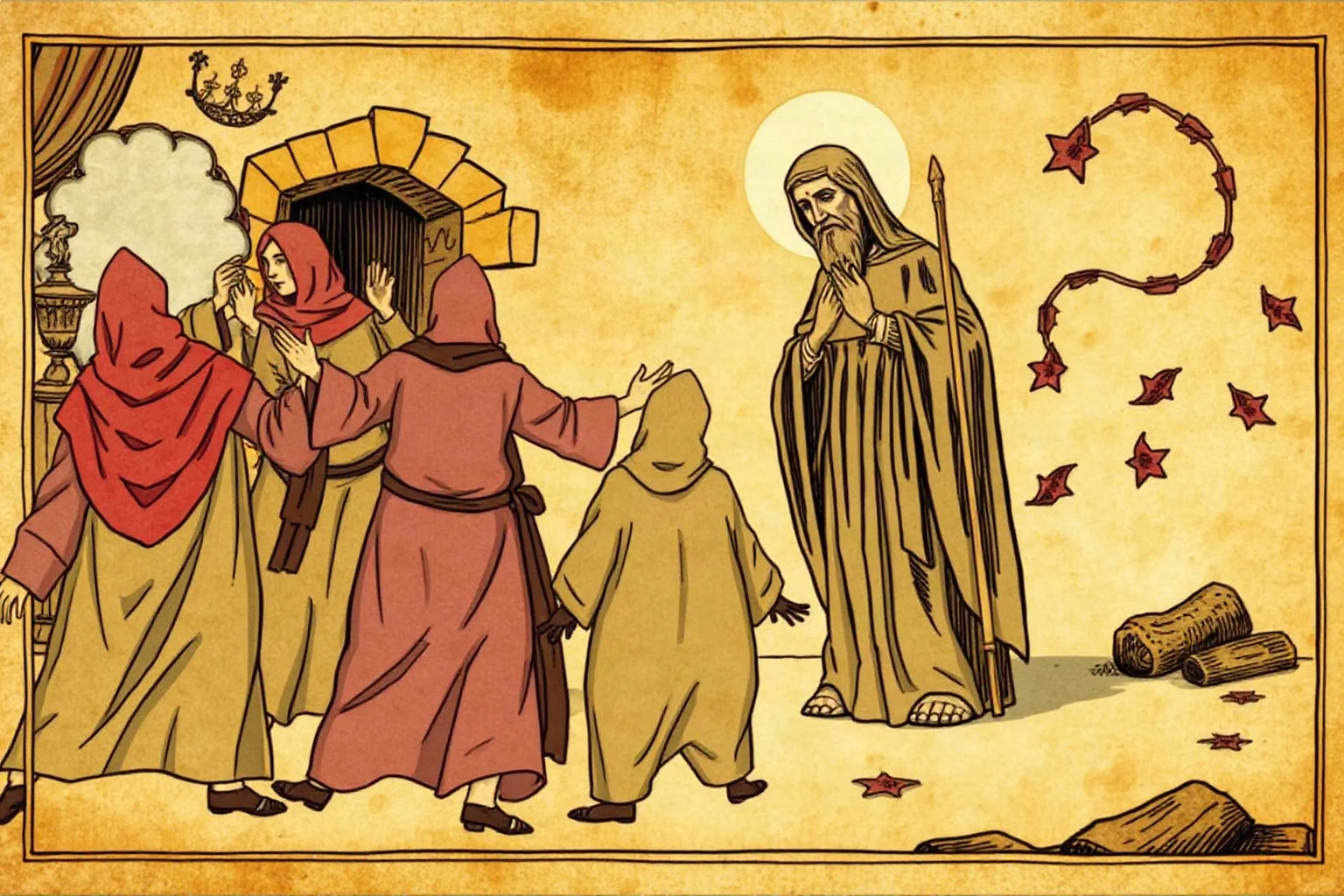 An old parchment illustration style scene of robed figures dancing near a carved wooden saint's statue
