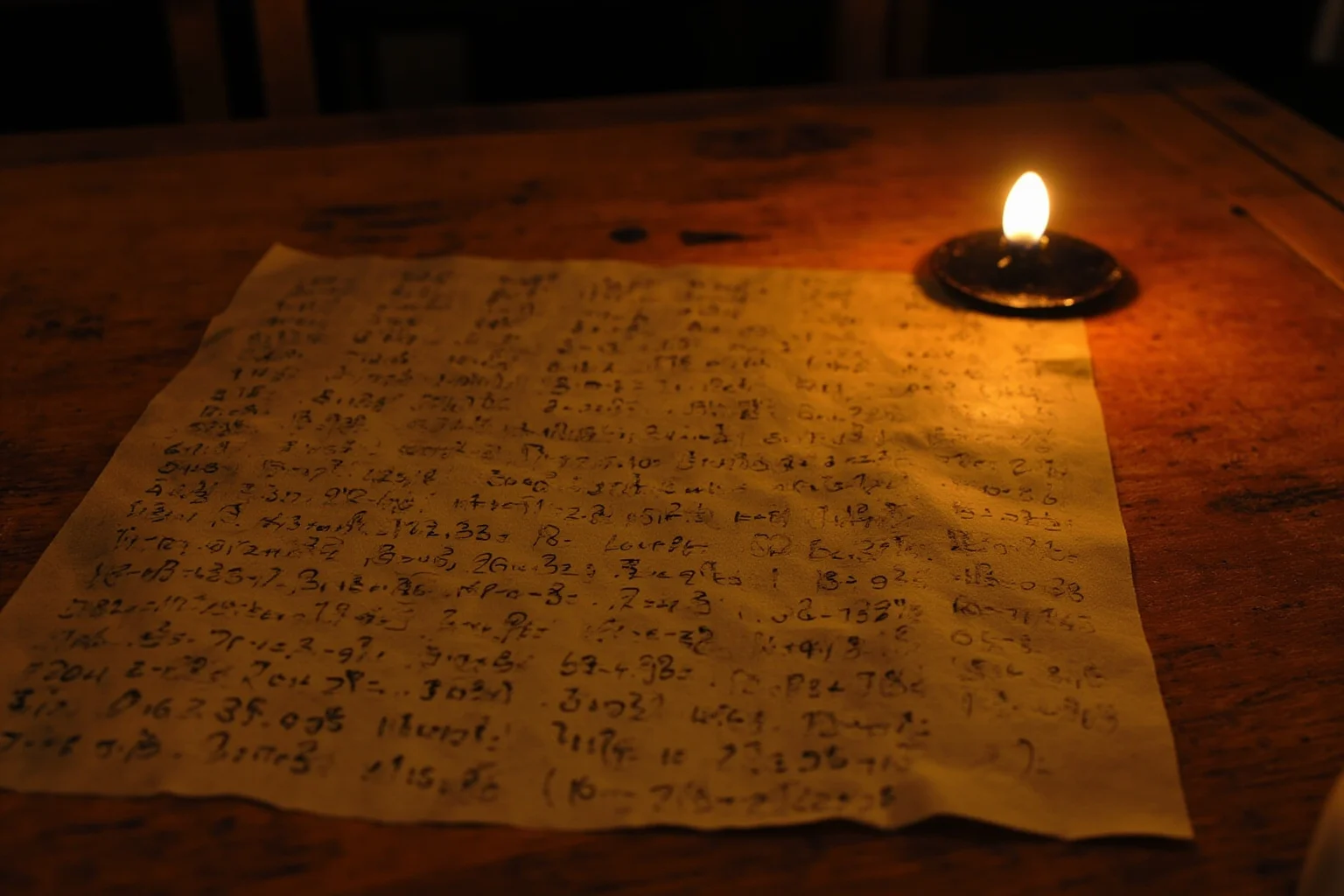 Missing Legendary Treasures That Are Yet to Be Found 10 An old parchment page covered in handwritten numeric cipher code, lit by candlelight on a wooden desk