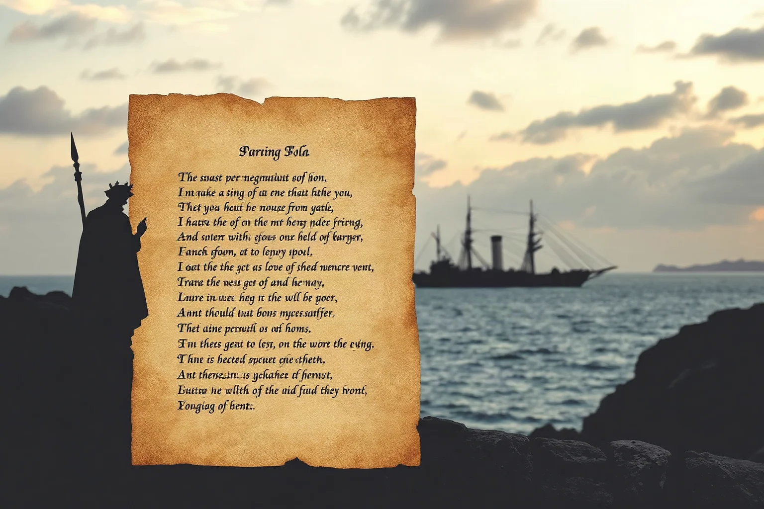 An old parchment poem with elegant handwriting beside a distant harbor statue silhouette, illustrative style