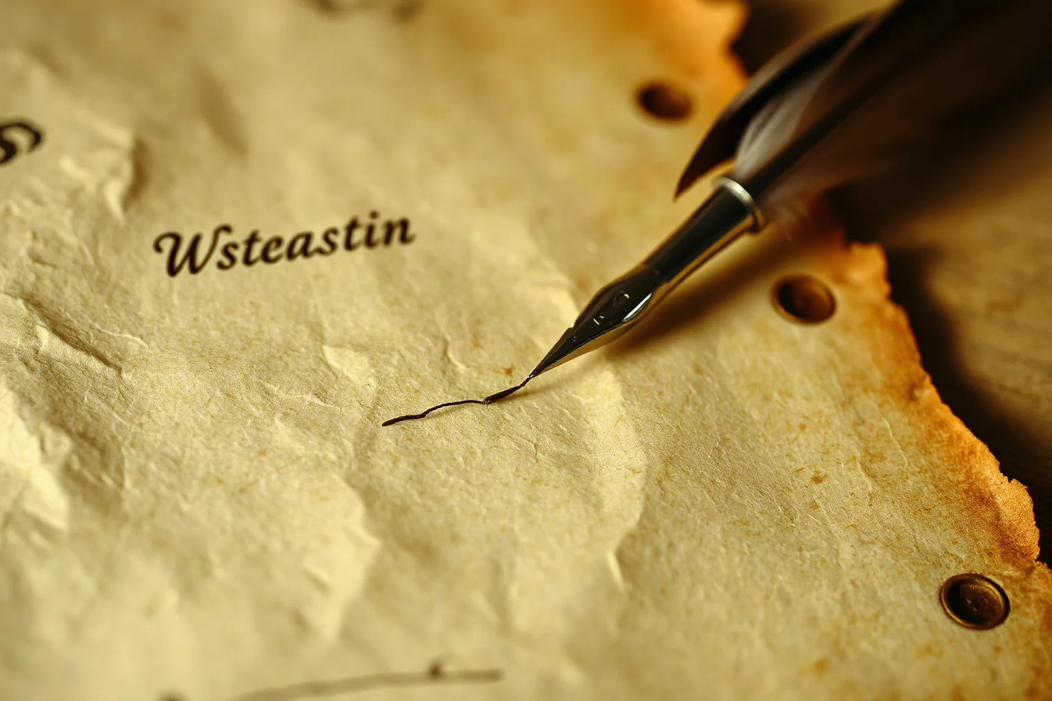 An old parchment scroll with faded ink and a quill pen, close-up illustration, historical document aesthetic