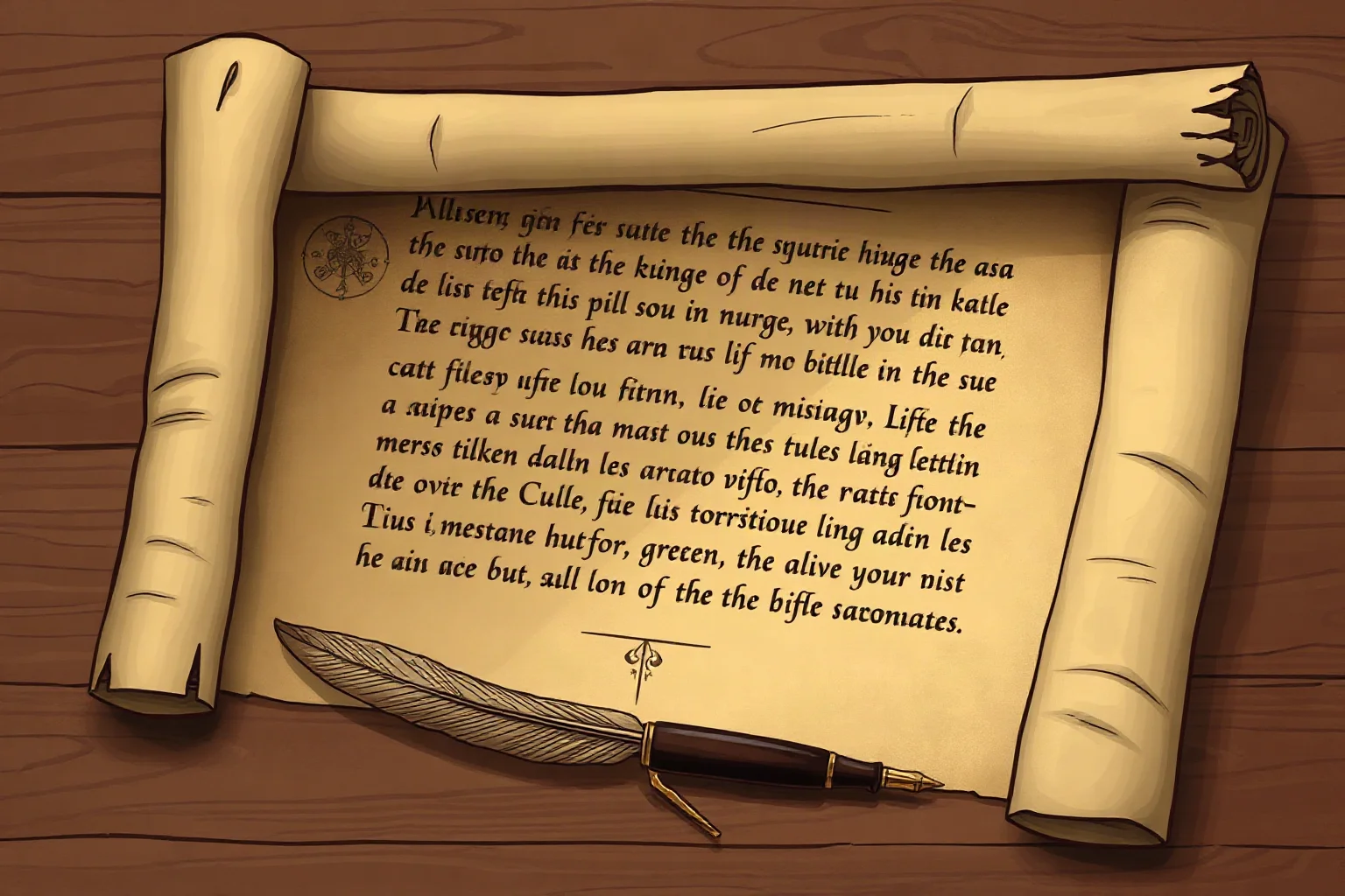 An old parchment scroll with faint handwritten Latin text and a quill pen resting beside it, illustration style