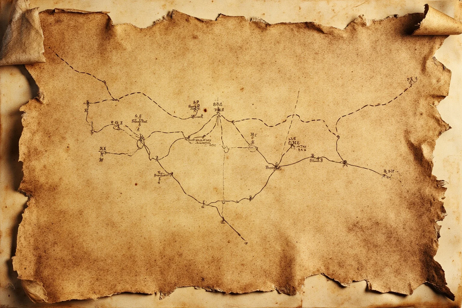 An old parchment treasure map with faded ink lines but no clear X marking, aged and torn at the edges