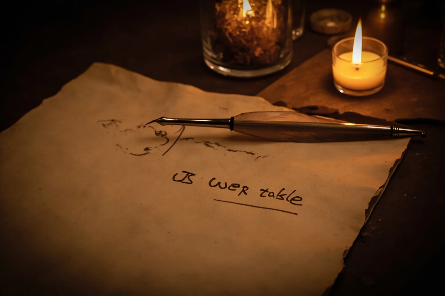 An old parchment with a wager table sketched on it, quill pen resting beside flickering candlelight
