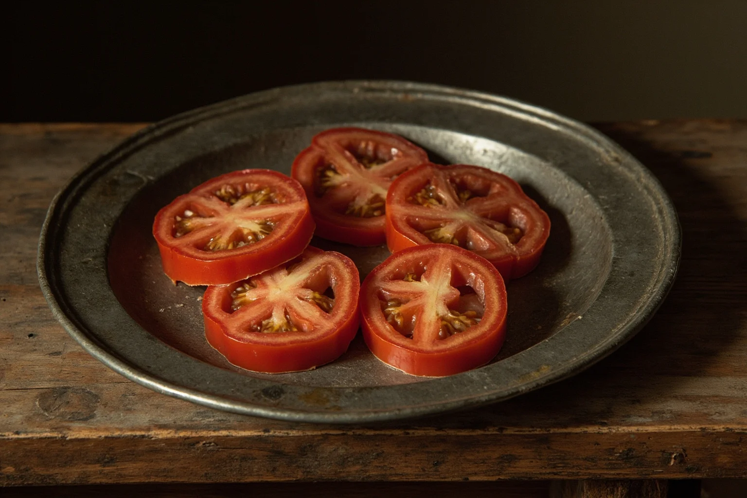 The Strange History Of The Poison Apple 4 An old pewter plate with tomato slices on a wooden table, styled like a 16th century still life painting