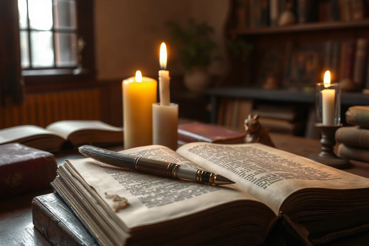 An old philosophy manuscript with a quill pen under flickering candlelight in a 17th-century study