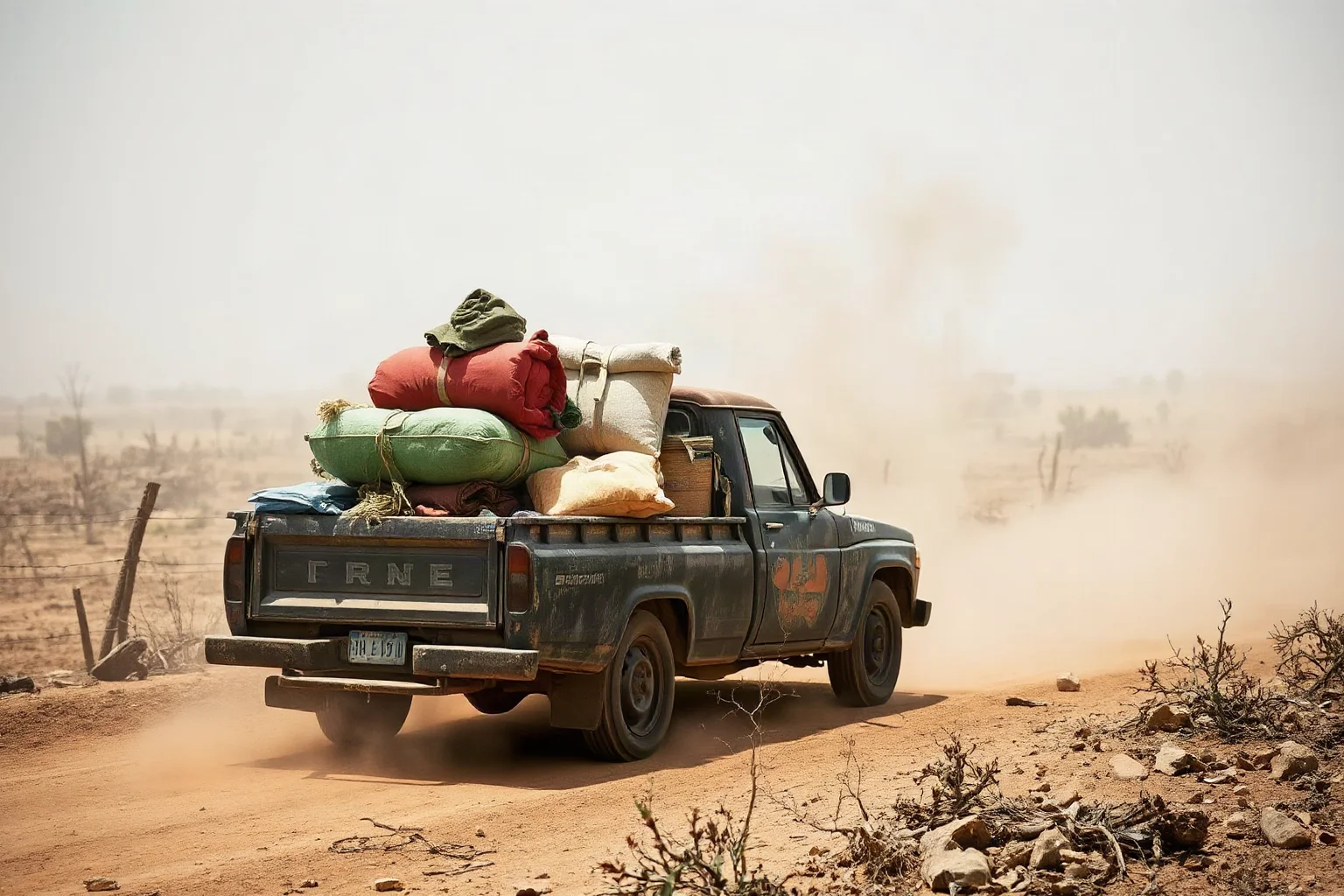 An old pickup truck heavily loaded with possessions driving through dusty, barren farmland during drought conditions