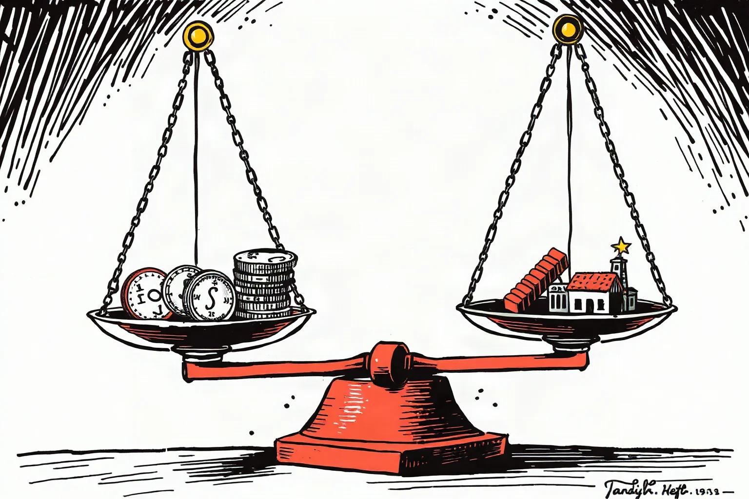An old political cartoon style illustration of scales weighing coins and imported goods, representing a 19th-century tariff debate