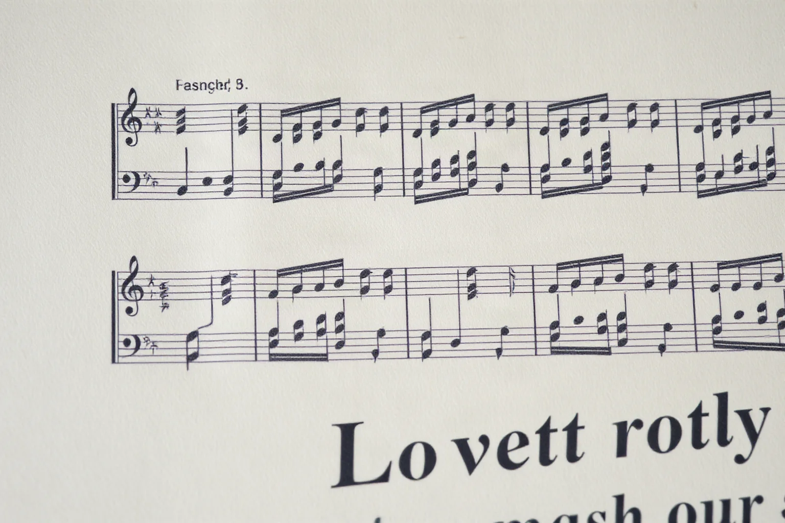 An old printed sheet of musical notation with woodblock-style notes and staff lines