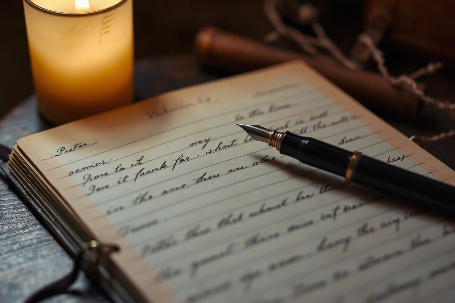 An old quill pen and open handwritten journal pages by candlelight, evoking a colonial-era memoir, still life style