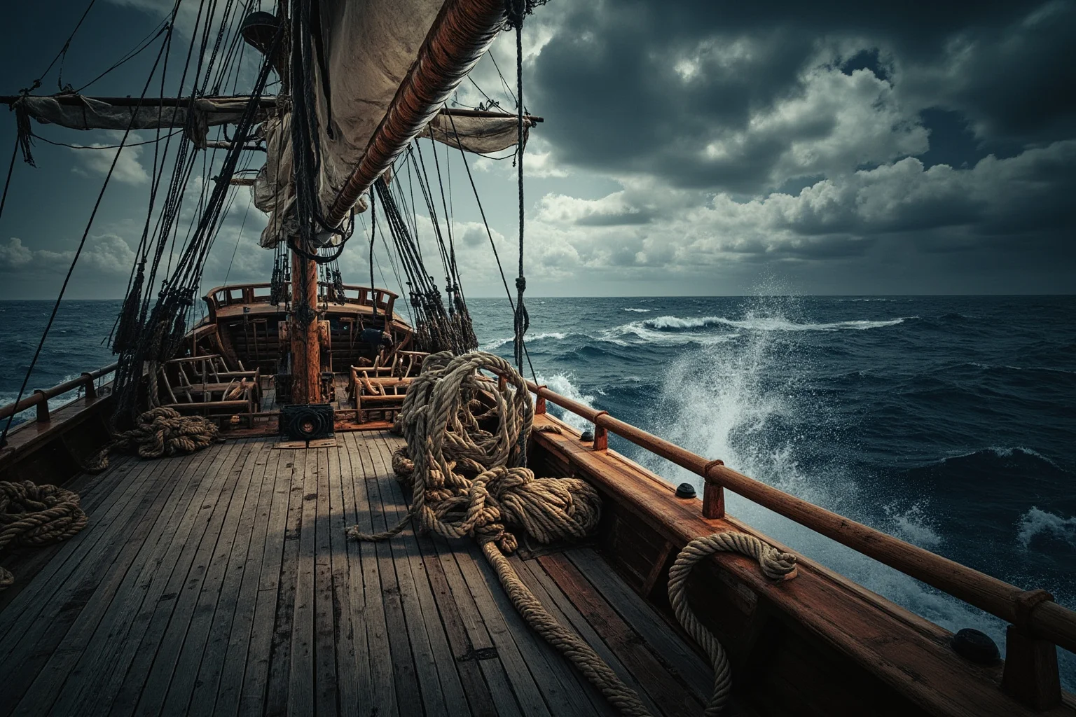 An old sailing ship deck with wind blowing and rope coiled, evoking a storm