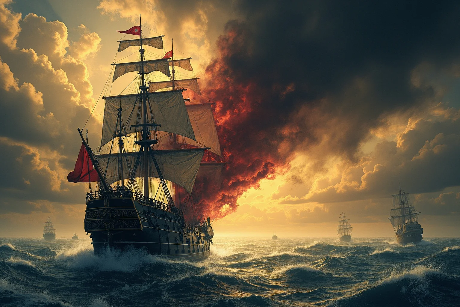 An old sailing ship raising a hidden flag before battle, dramatic maritime illustration for 'show your true colors'
