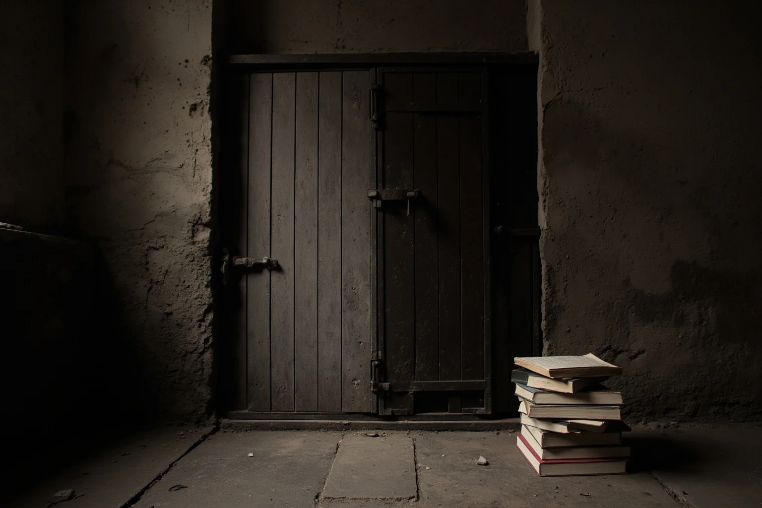 An old school furnace room with a stack of books set beside the closed furnace door
