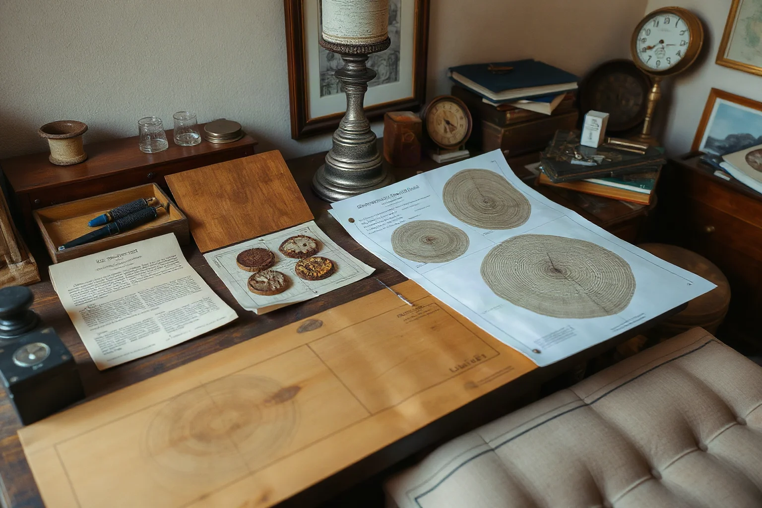 An old scientific study desk with ice core samples, tree ring cross-sections, and antique climate charts, historical research still life