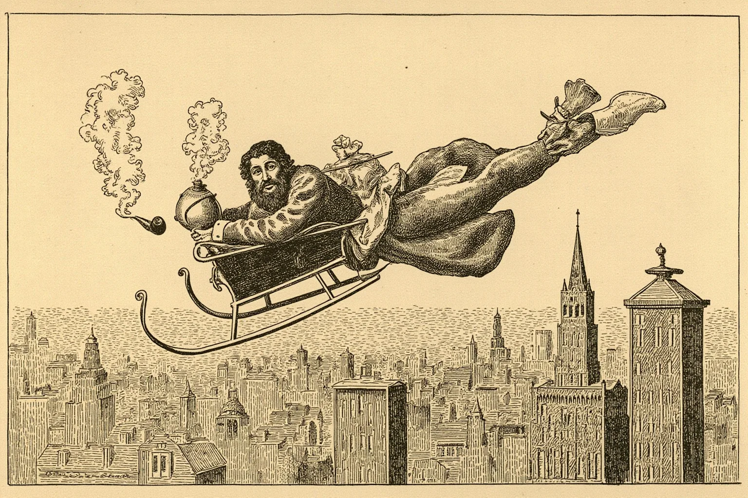 The Origin Of Santa Claus And How He Became Our Christmas Icon 3 An old sepia-toned illustration of a whimsical pipe-smoking gift-bringer flying over a colonial-era New York rooftop in a small sleigh