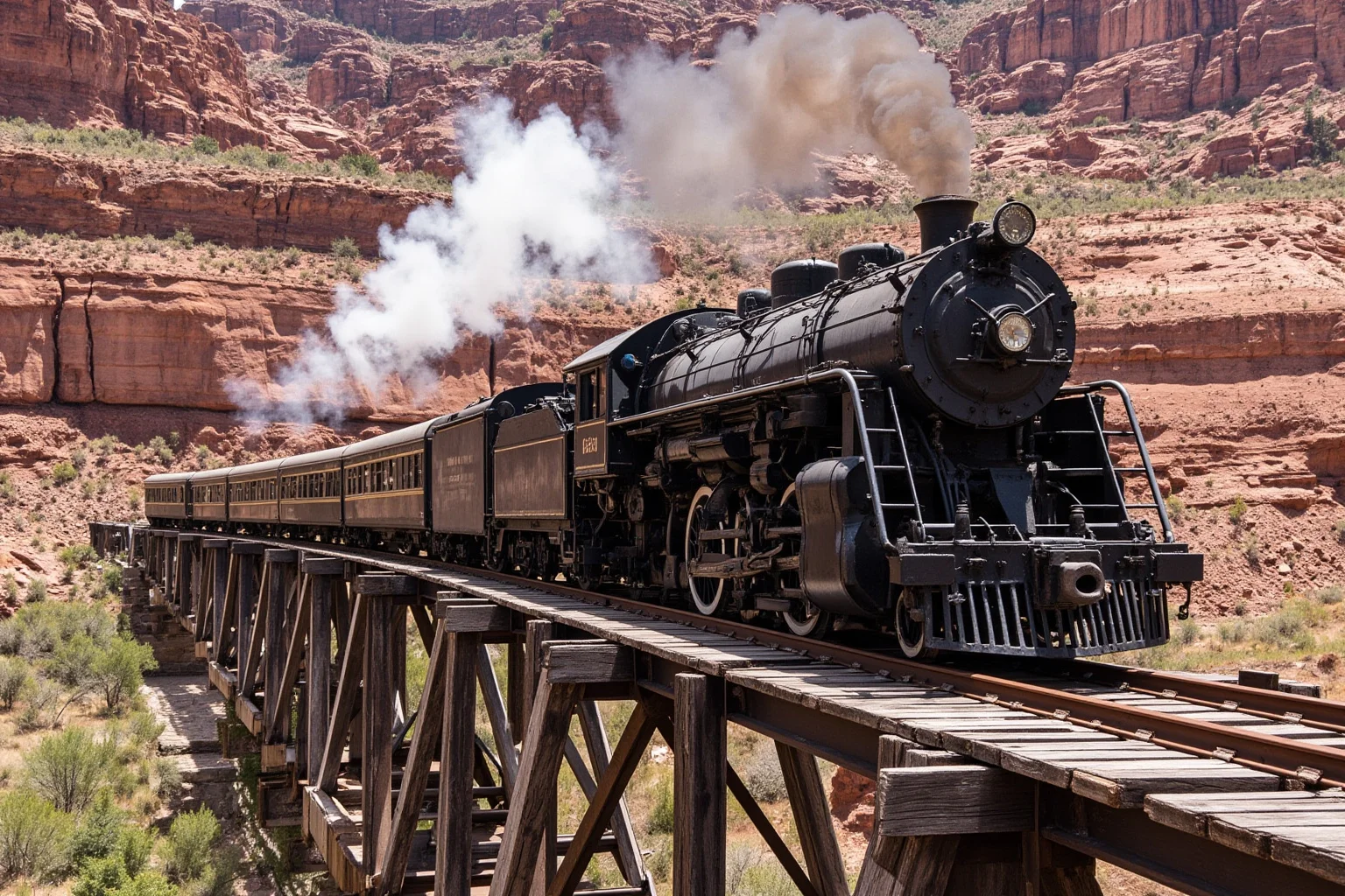 An old steam locomotive crossing a wooden trestle bridge through a canyon in the American West