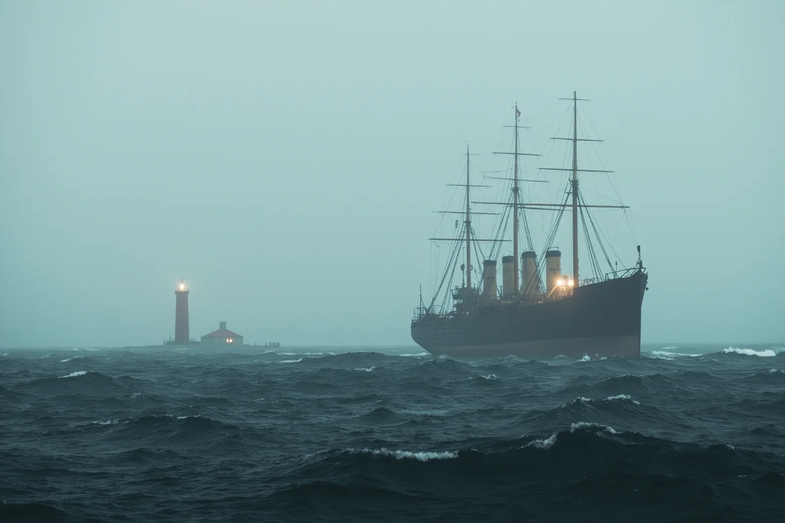 An old steam ship sailing past a distant lighthouse in foggy, rough seas