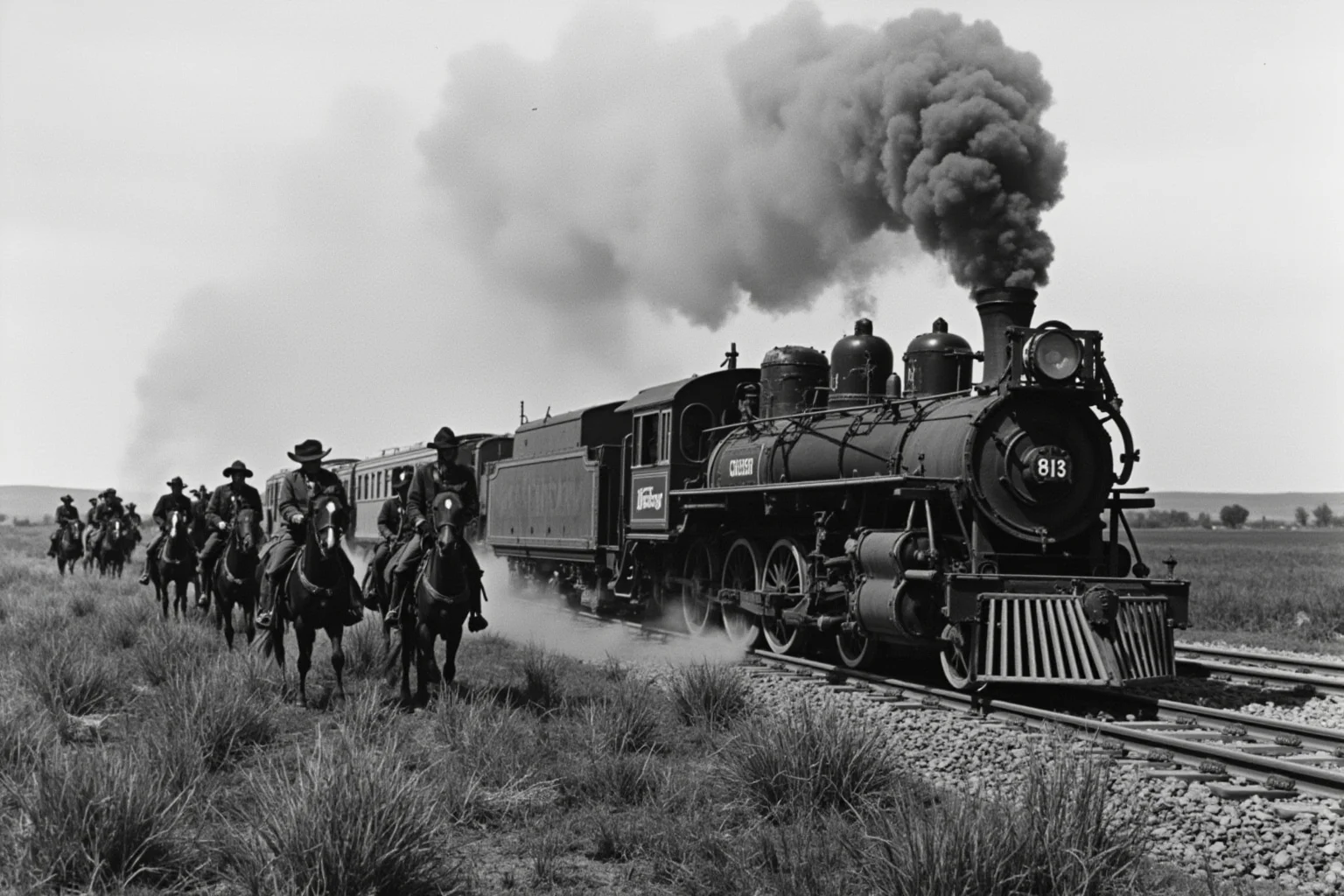Legendary Cases Involving the Pinkerton Detective Agency 6 An old steam train robbery scene on a frontier prairie with masked riders near the tracks