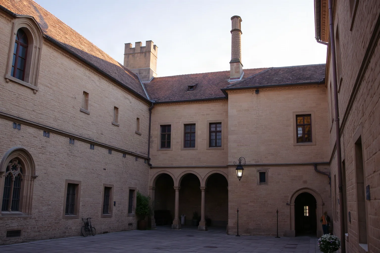 An old stone university courtyard with medieval architecture bathed in golden light, illustrating ancient academic history
