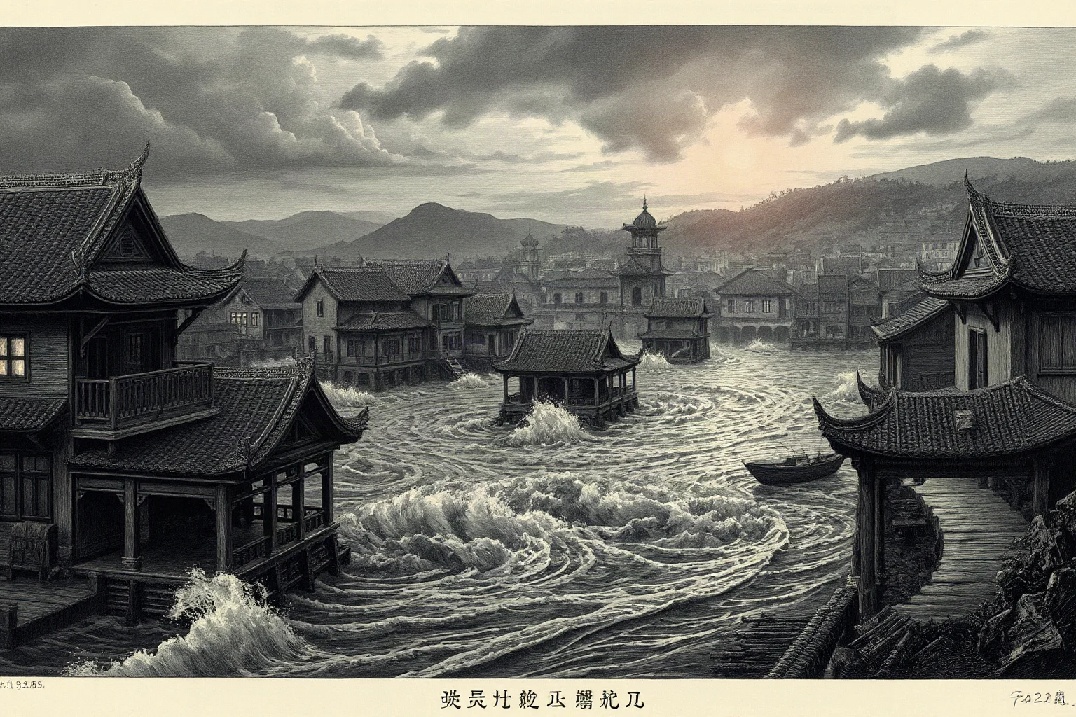 An old-style engraving of a historic Chinese riverside town being swallowed by rushing floodwaters, dramatic lighting