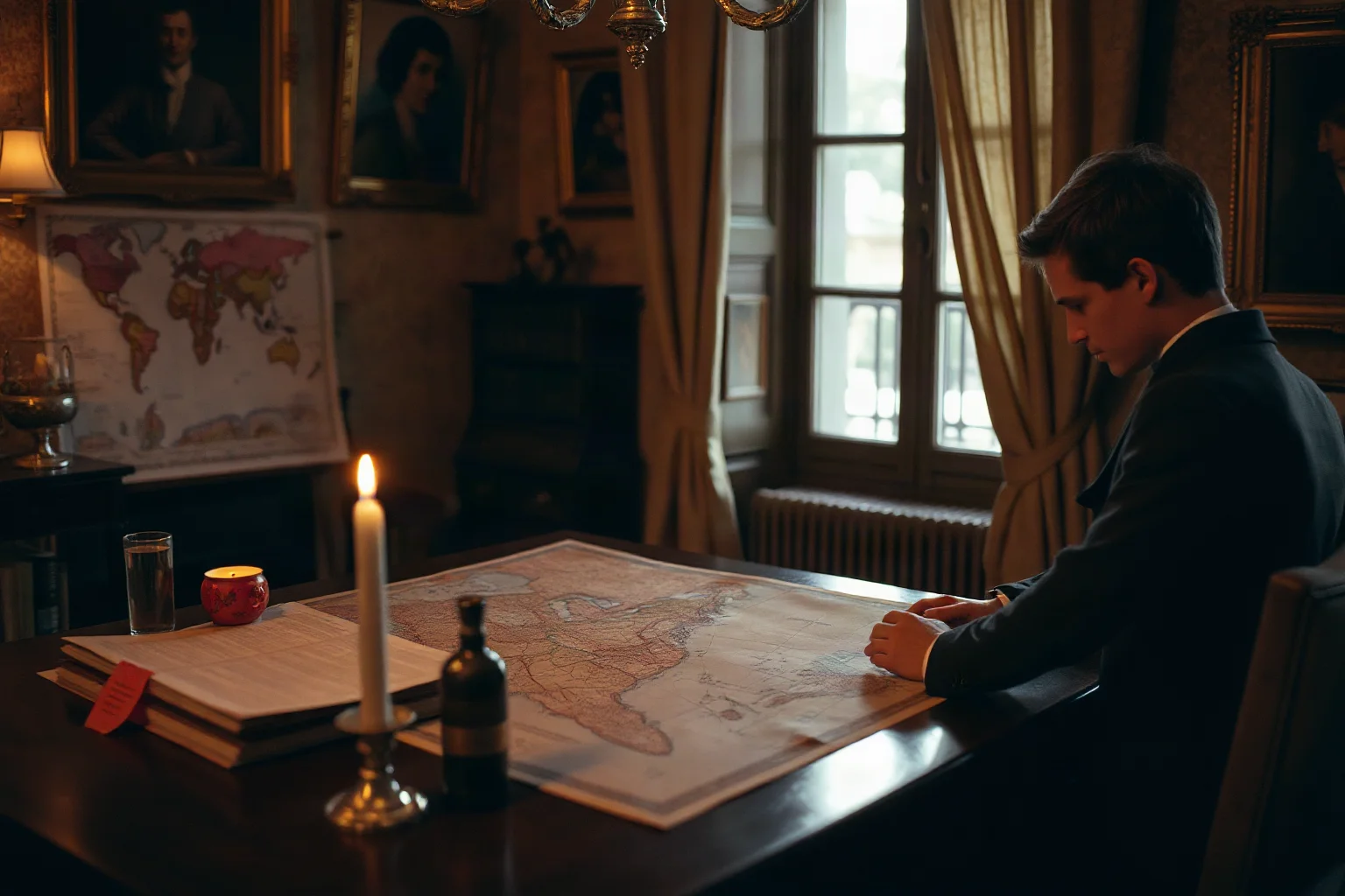 An old-style map table with a young prince studying colonial maps of Africa and Asia by candlelight