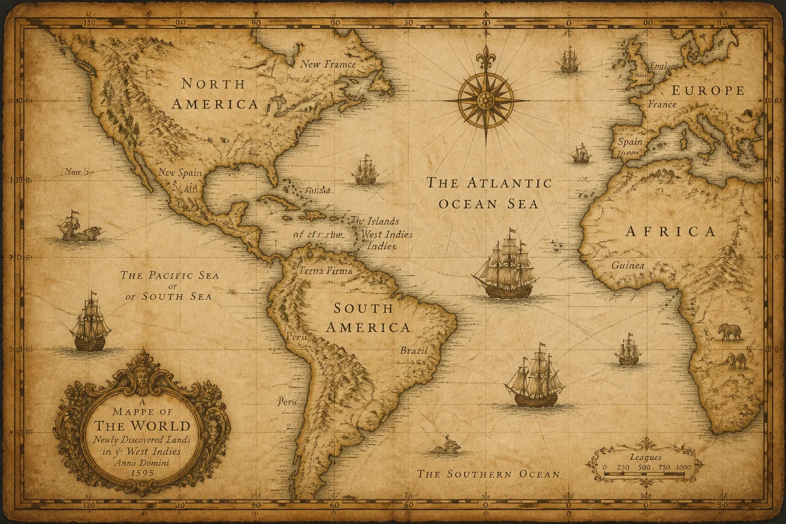 An old-style parchment world map from the Age of Exploration showing sailing ships and coastlines of the Americas