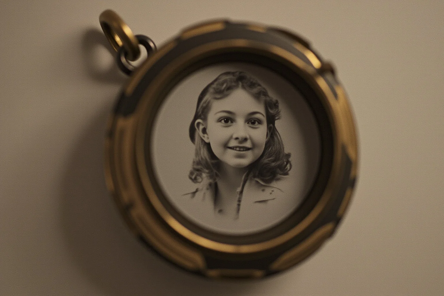 An old tin locket photograph portrait of a young woman styled in early 1900s fashion