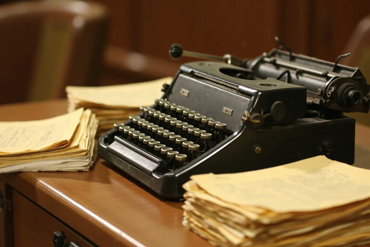 An old typewriter and stacks of yellowed documents on a wooden desk, symbolizing 1940s congressional espionage testimony