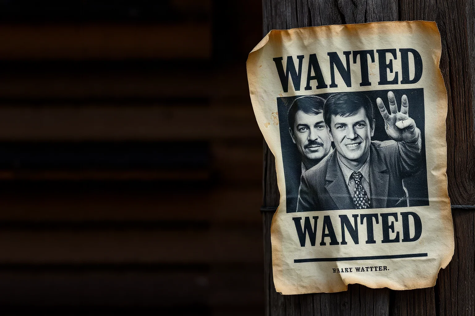 An old wanted poster peeling off a wooden post, faded and torn at the edges