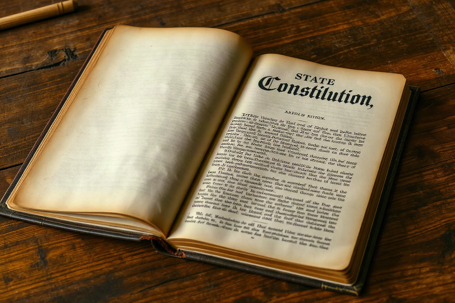 An old, weathered state constitution book lying open on a wooden desk, historical illustration