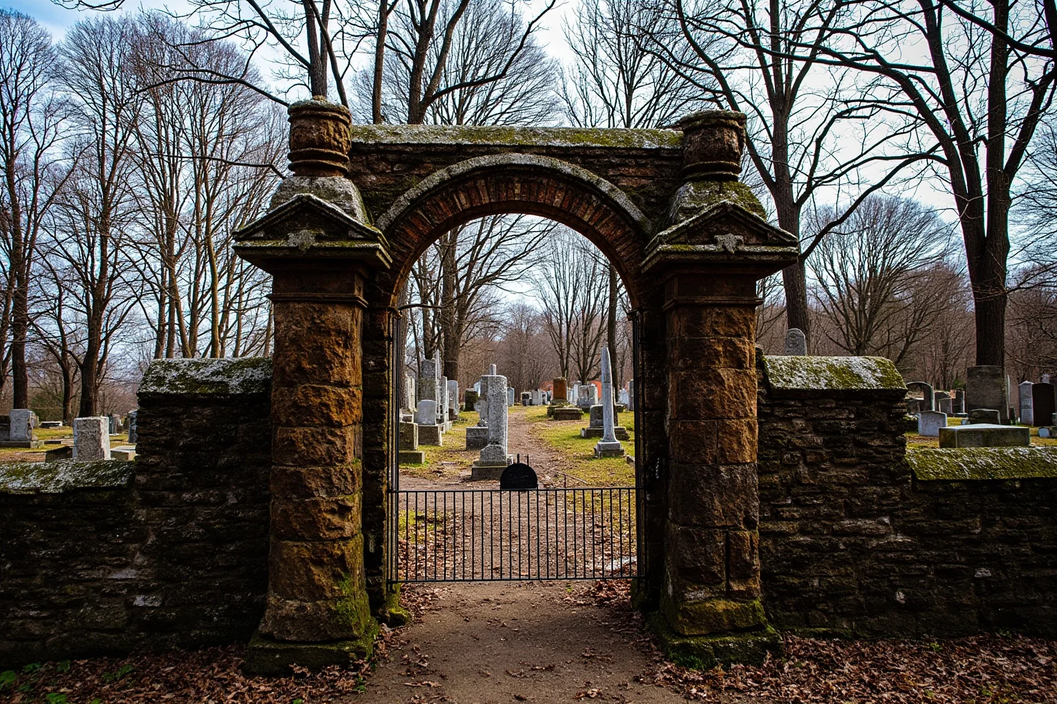 An old weathered stone cemetery gate and headstones under bare winter trees, representing a historic 19th-century New England burial ground