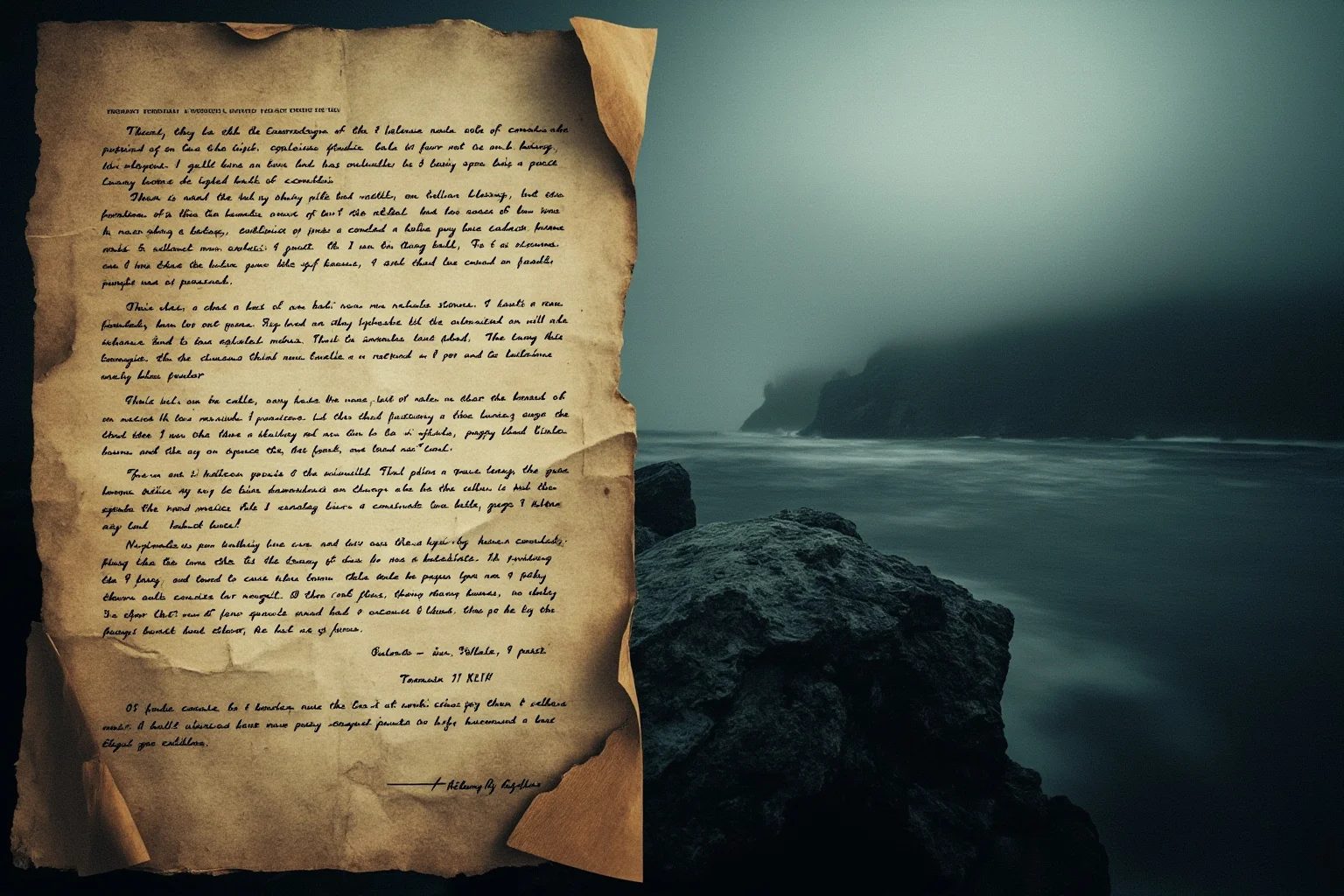 Wars That Lasted A Lot Longer Than You Thought 20 An old weathered treaty document and a quiet foggy island coastline, symbolic and mysterious mood