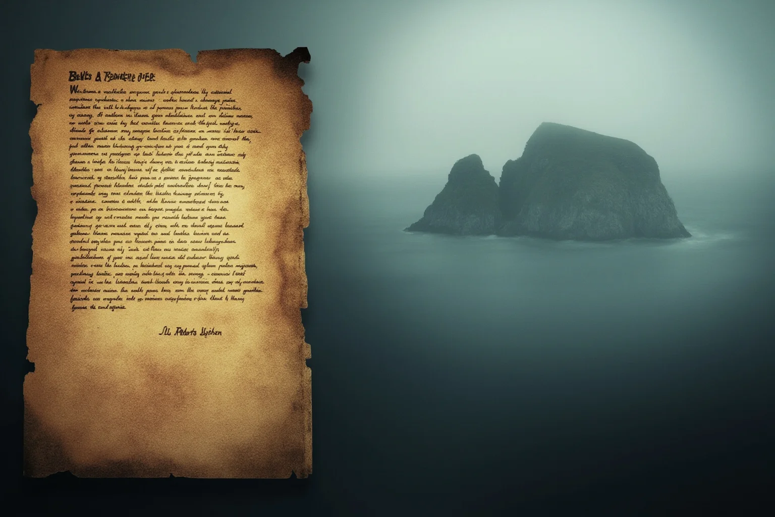 Wars That Lasted A Lot Longer Than You Thought 9 An old weathered treaty document and a quiet foggy island coastline, symbolic and mysterious mood
