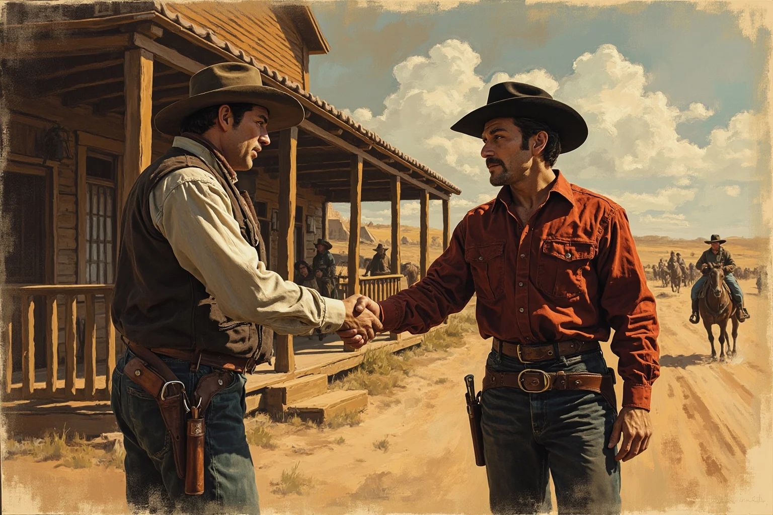 Hilarious Slang Terms From The Wild West 3 An old west cowboy shaking hands with a rancher and nodding respectfully outside a general store, vintage illustration style