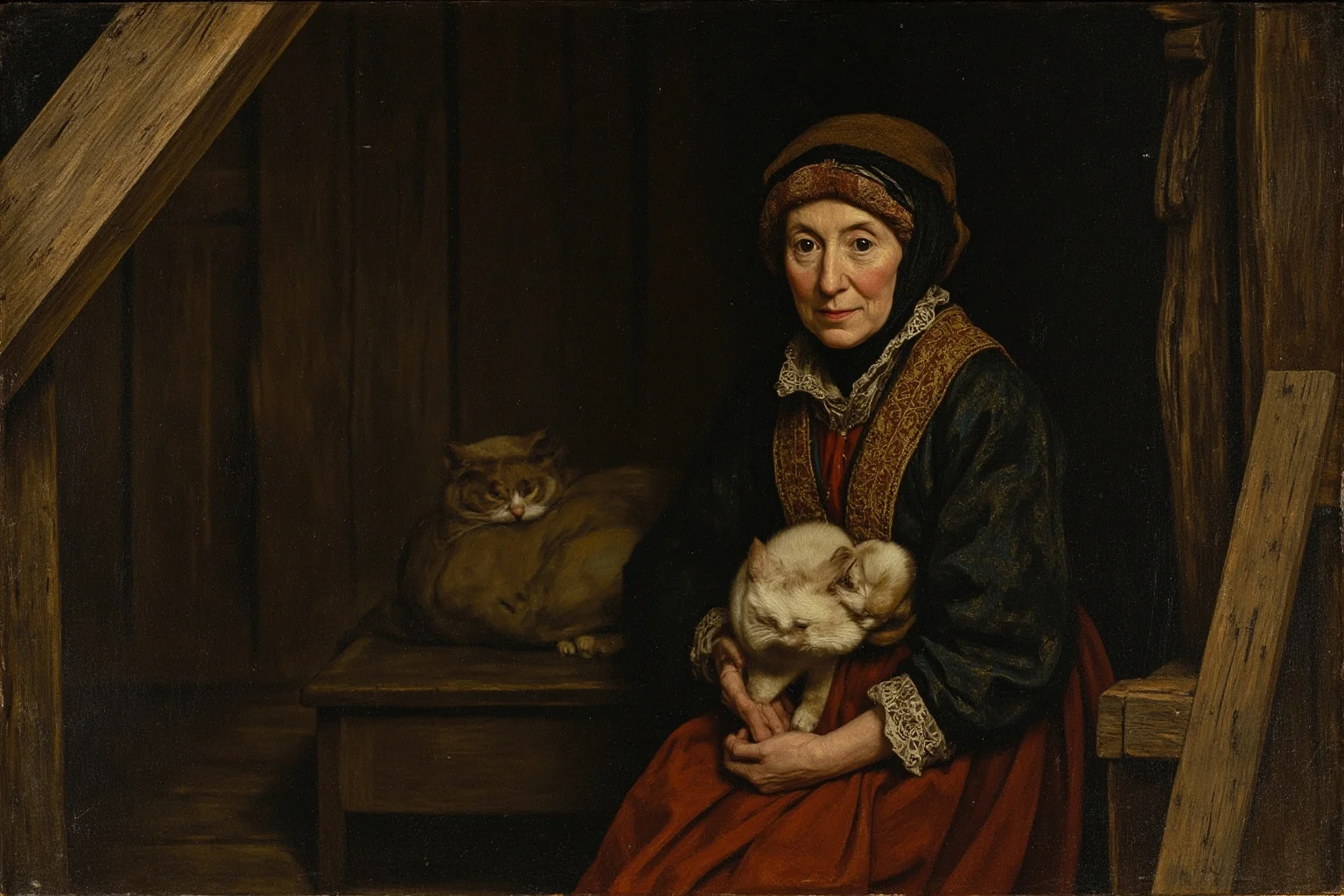 Familiars: The Long, Strange History of the Witch's Animal Companion 5 An old woman in period clothing in a dim cottage with a small white cat, 16th-century English setting, illustration