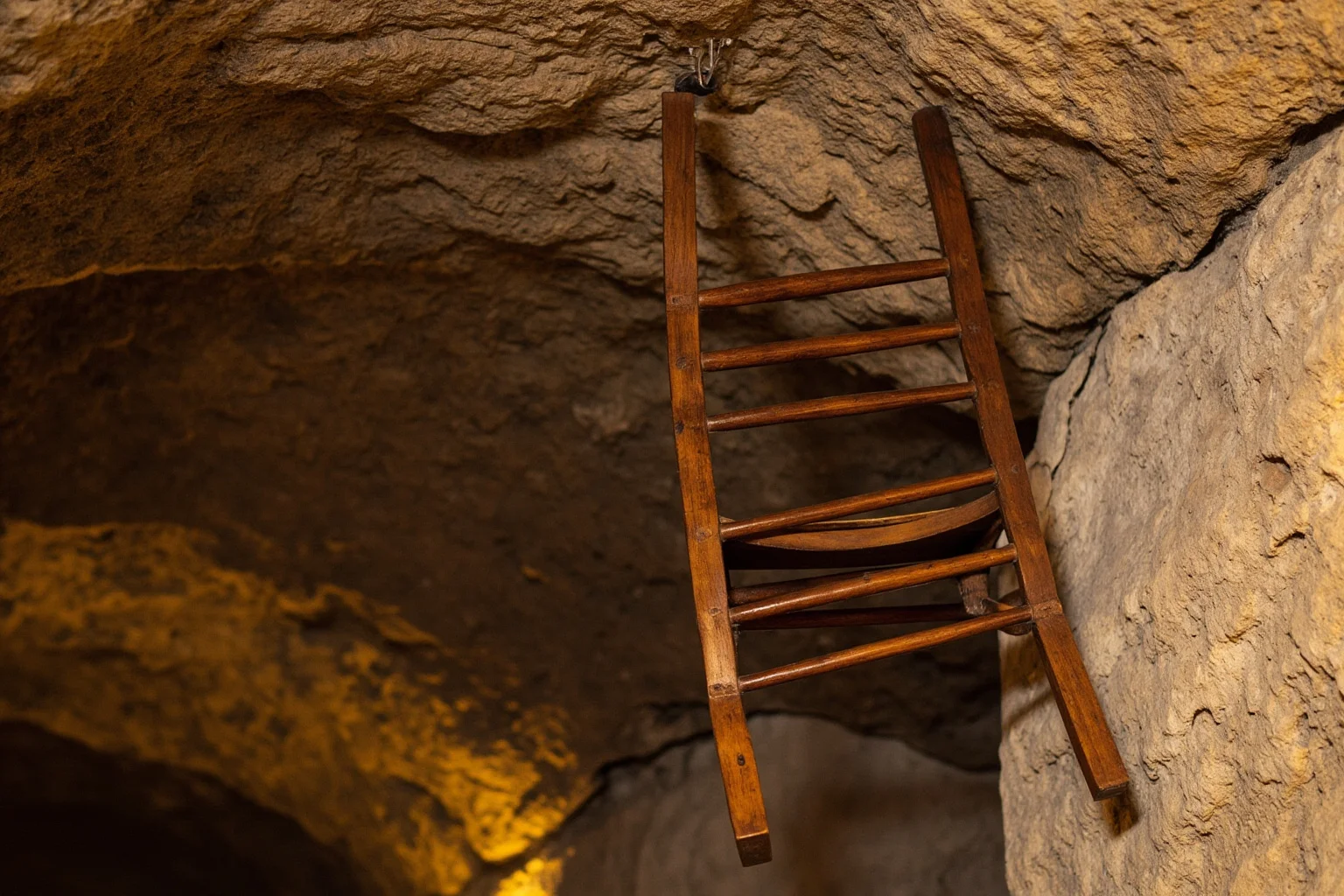 An old wooden chair hanging suspended from a stone tavern ceiling