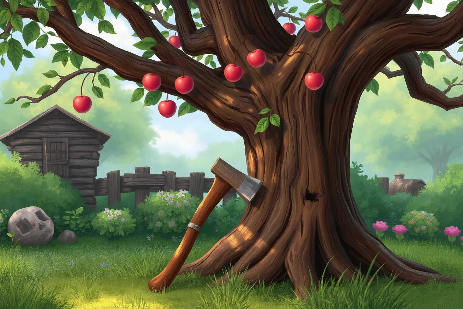 An old wooden cherry tree in a colonial-era garden with a small hatchet leaning against it, storybook illustration style