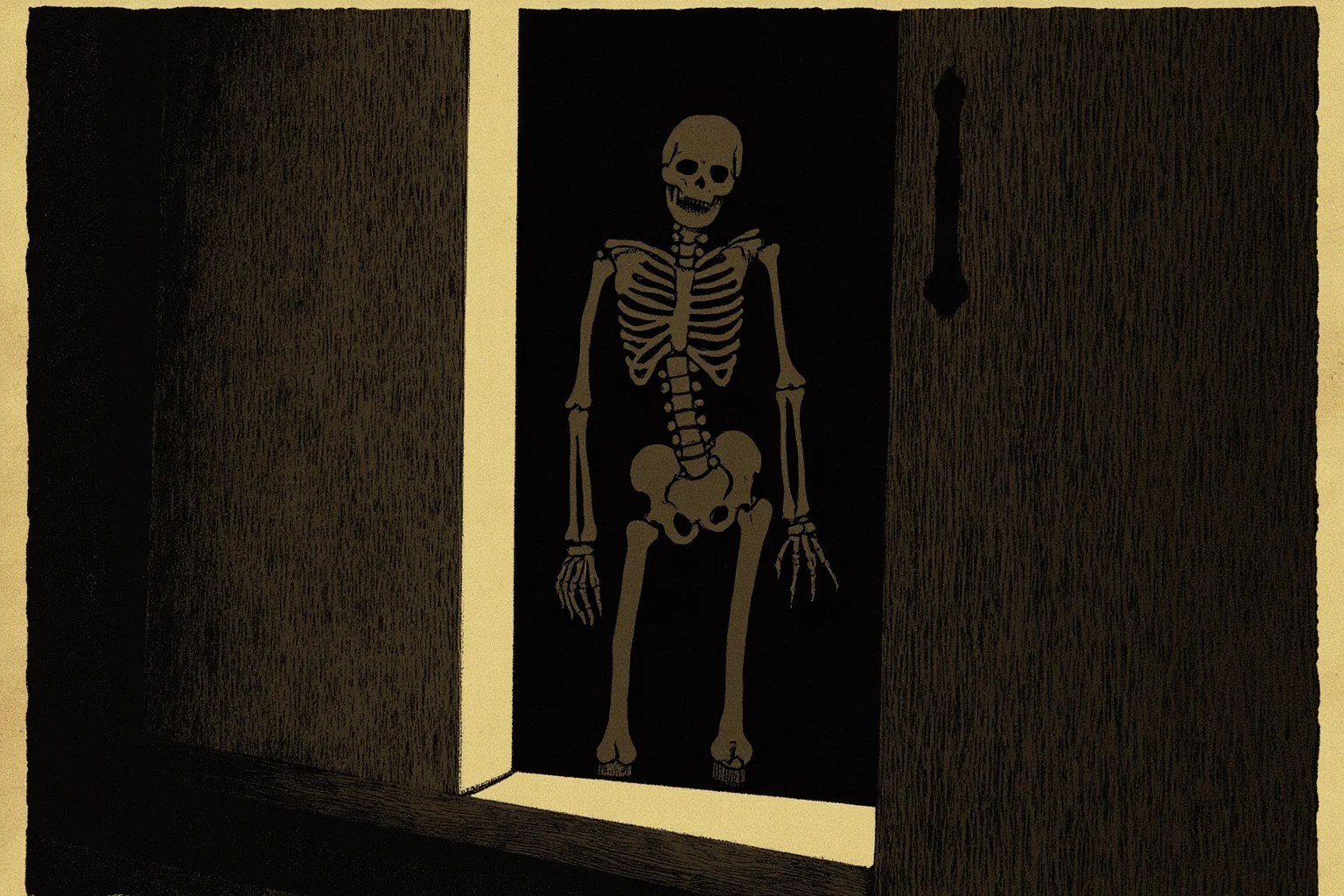 An old wooden closet door slightly ajar with a shadowy skeleton silhouette inside, spooky vintage illustration for 'skeleton in the closet'