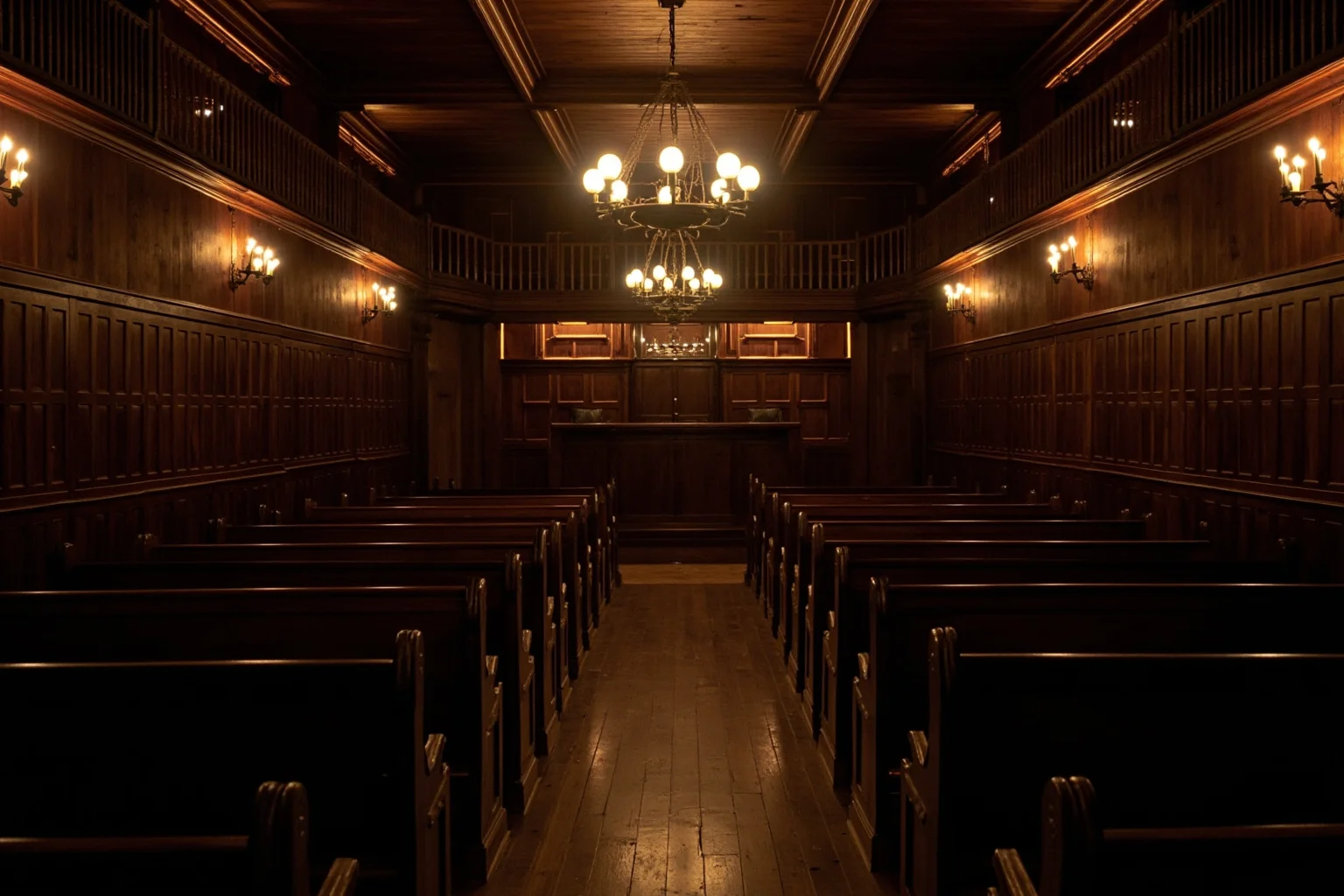 20 Famous Historical Quotes That Were Taken Out of Context 21 An old wooden courtroom or town hall interior with empty benches and warm lantern light, 19th-century American aesthetic
