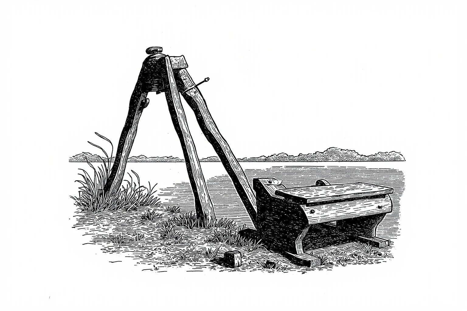 Brutal Forms of Public Humiliation Throughout History 4 An old wooden ducking stool mounted on a long arm beside a riverbank, historical illustration style