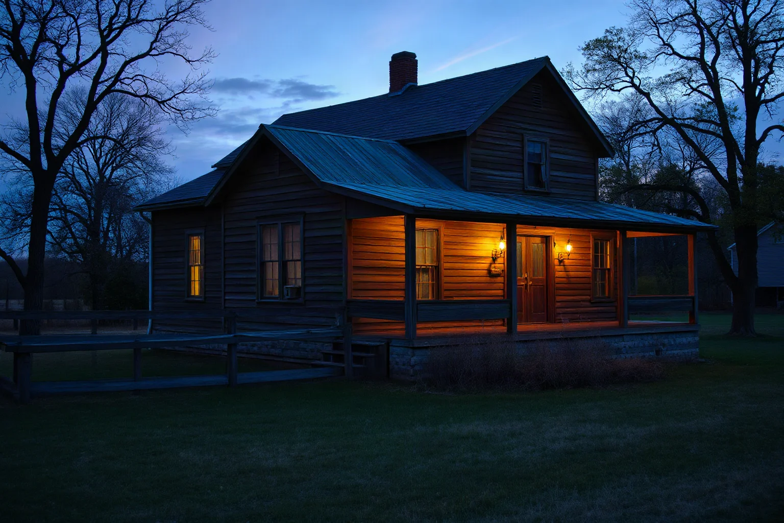 An old wooden farmhouse in the American South at dusk, weathered and isolated