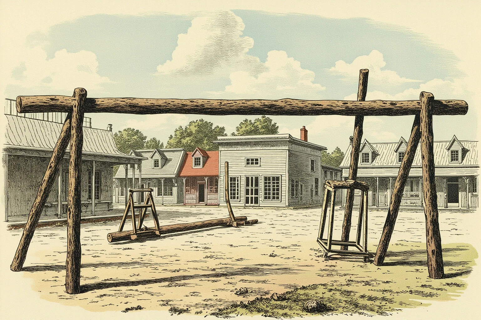 Brutal Forms of Public Humiliation Throughout History 10 An old wooden fence rail across two makeshift sawhorses in a rural American town square, historical illustration