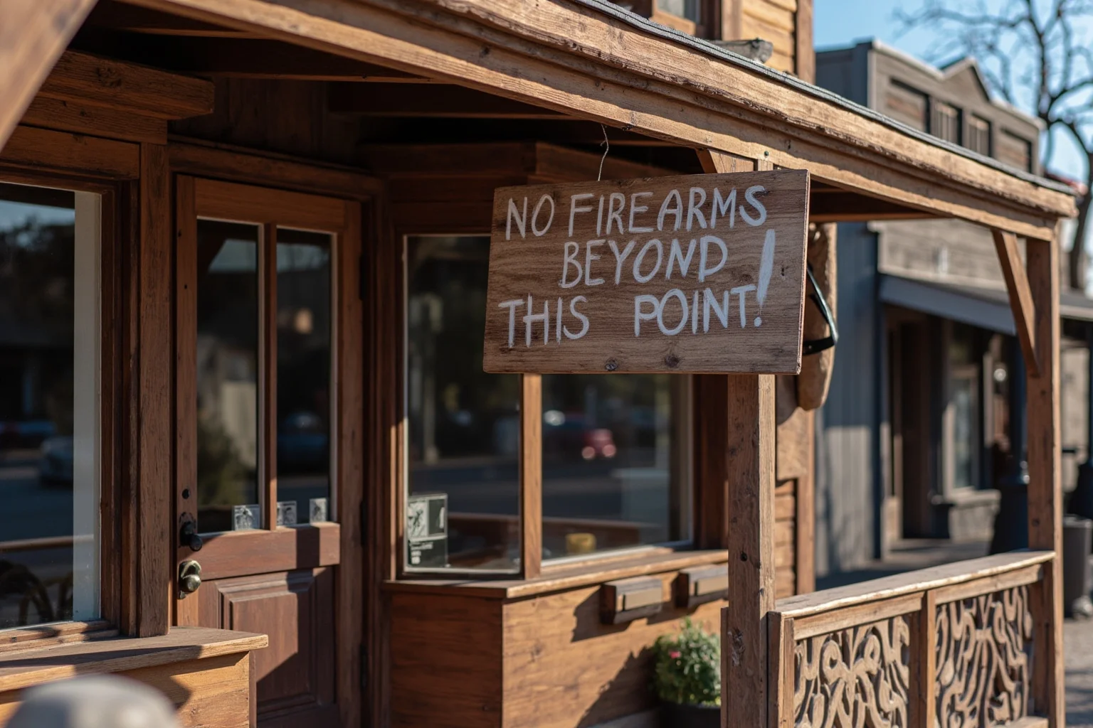 An old wooden frontier town storefront with a hand-painted sign reading 'No Firearms Beyond This Point'