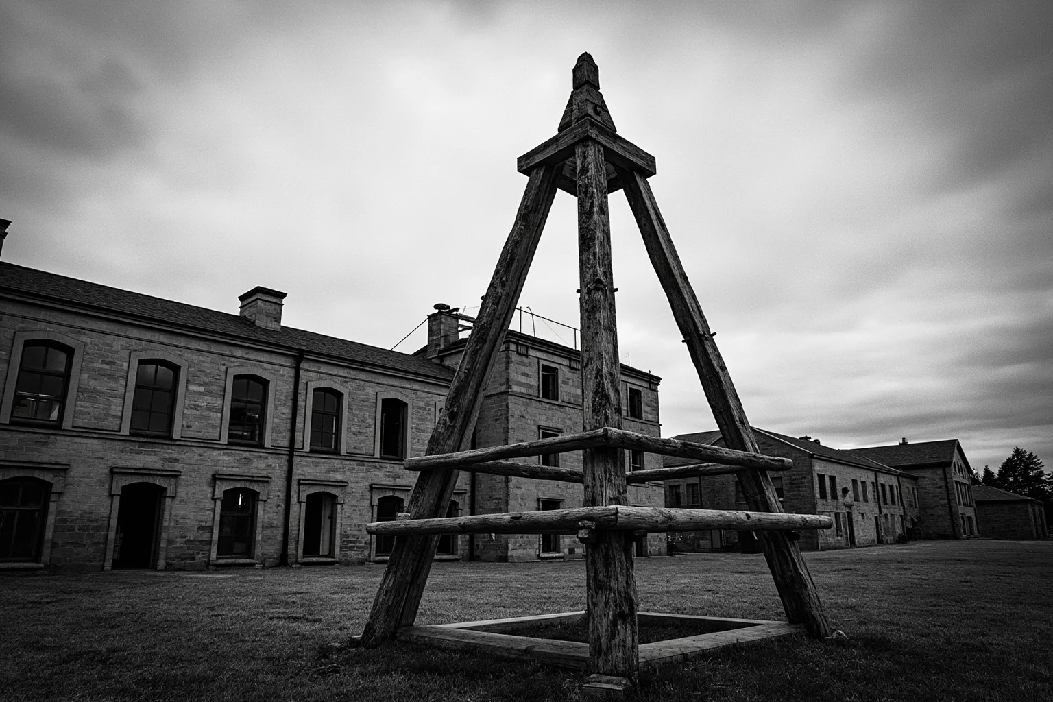 25 Disturbing Last Words By Notorious Criminals 19 An old wooden gallows platform in a Pacific Northwest prison yard, overcast sky, historic black-and-white tone