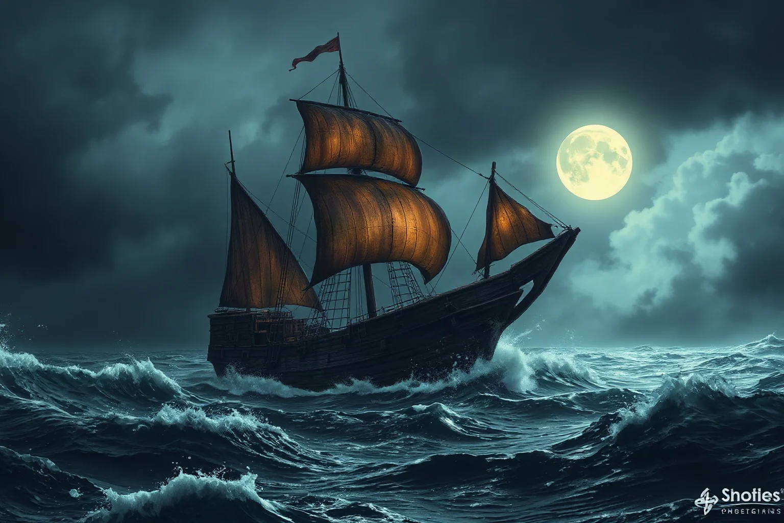 An old wooden ghost ship with tattered sails glowing faintly under a stormy moonlit sky, ocean waves crashing around it